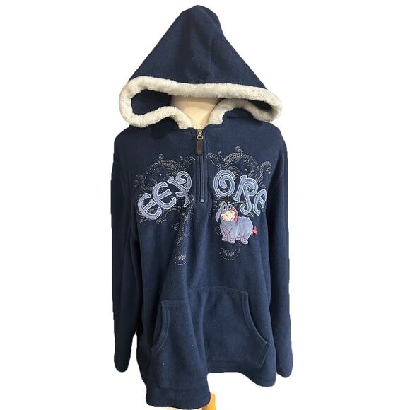 Disney Sweaters - Vintage Disney Eeyore Zip Hoodie XL Blue Faux Fur Hood Cozy Graphic Jacket